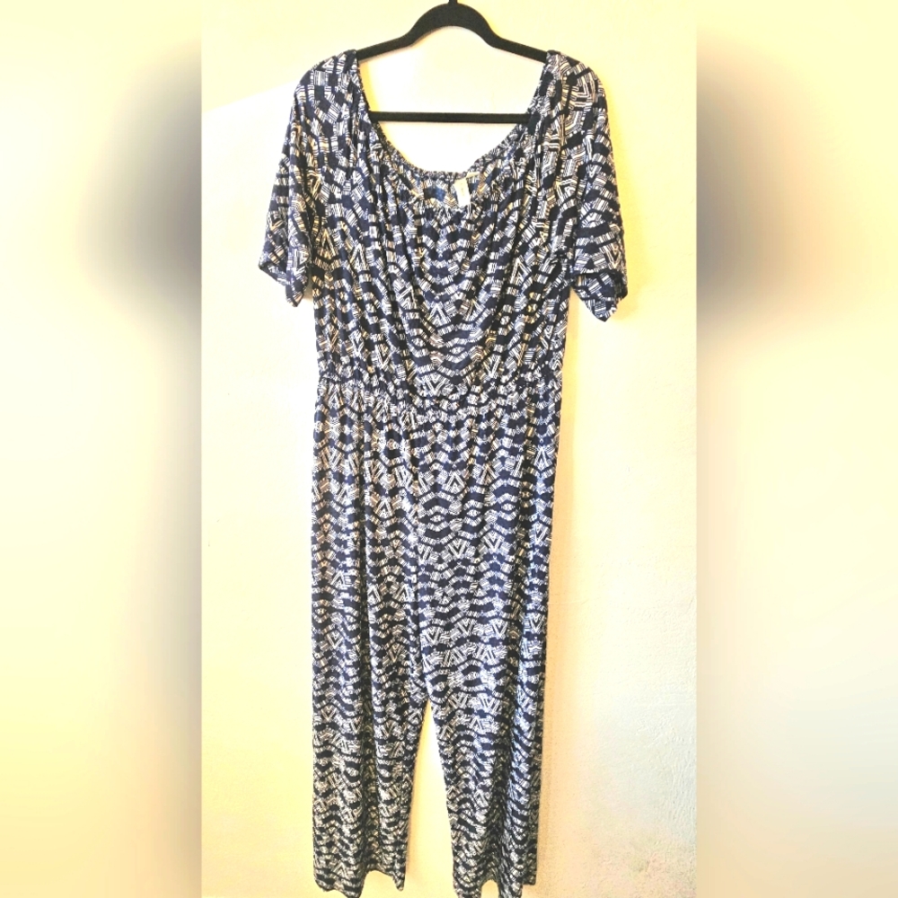 Tacera Navy Blue & White Off Shoulder Jumpsuit Size XL